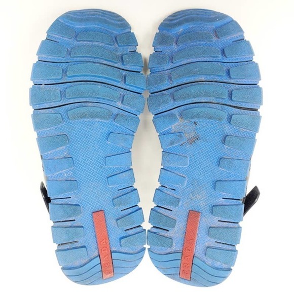 Prada LOGO Sandals Platform Black Leather Blue Rubber Sole Dad Sandals EU 39 - Picture 7 of 7
